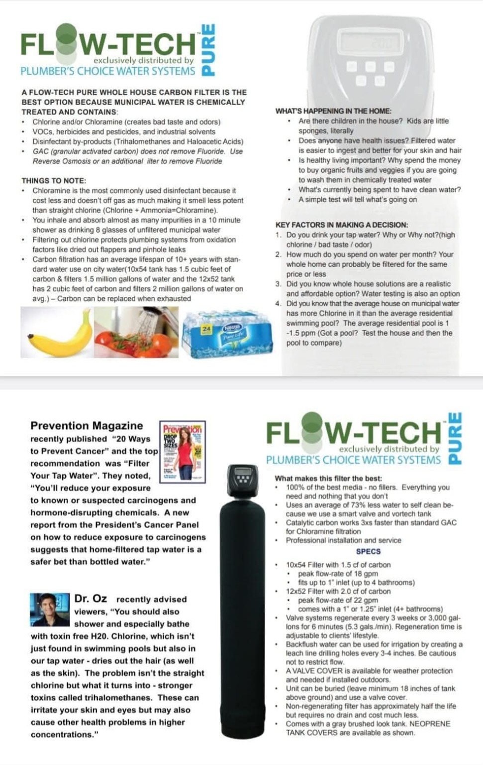 Flow-Tech PURE whole-house water filter information brochure from Plumber's Choice Water Systems